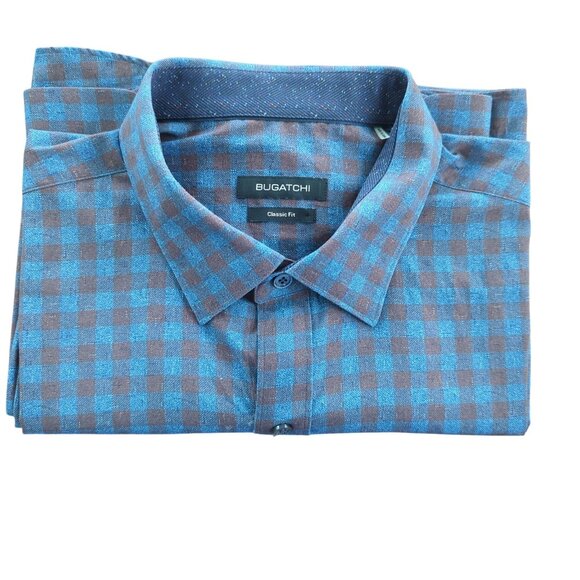 Bugatchi Classic Fit Mens Brown Blue Checkered Long Sleeve Button-Up Shirt sz XL - Picture 16 of 16